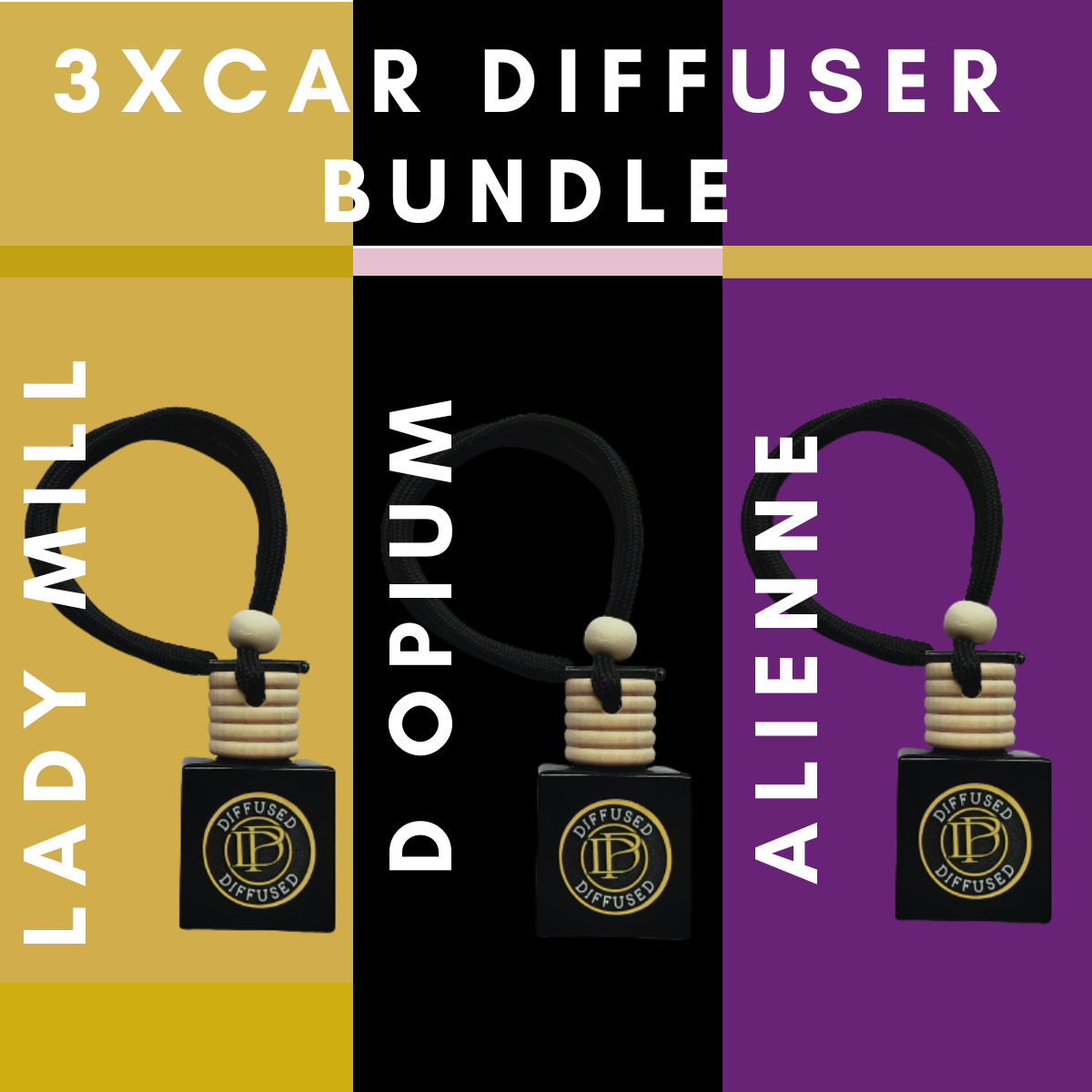 3 x Car Air Freshener Diffusers Inspired By Designer Fragrances Alienne, Millionaire Lady & Dark Opium
