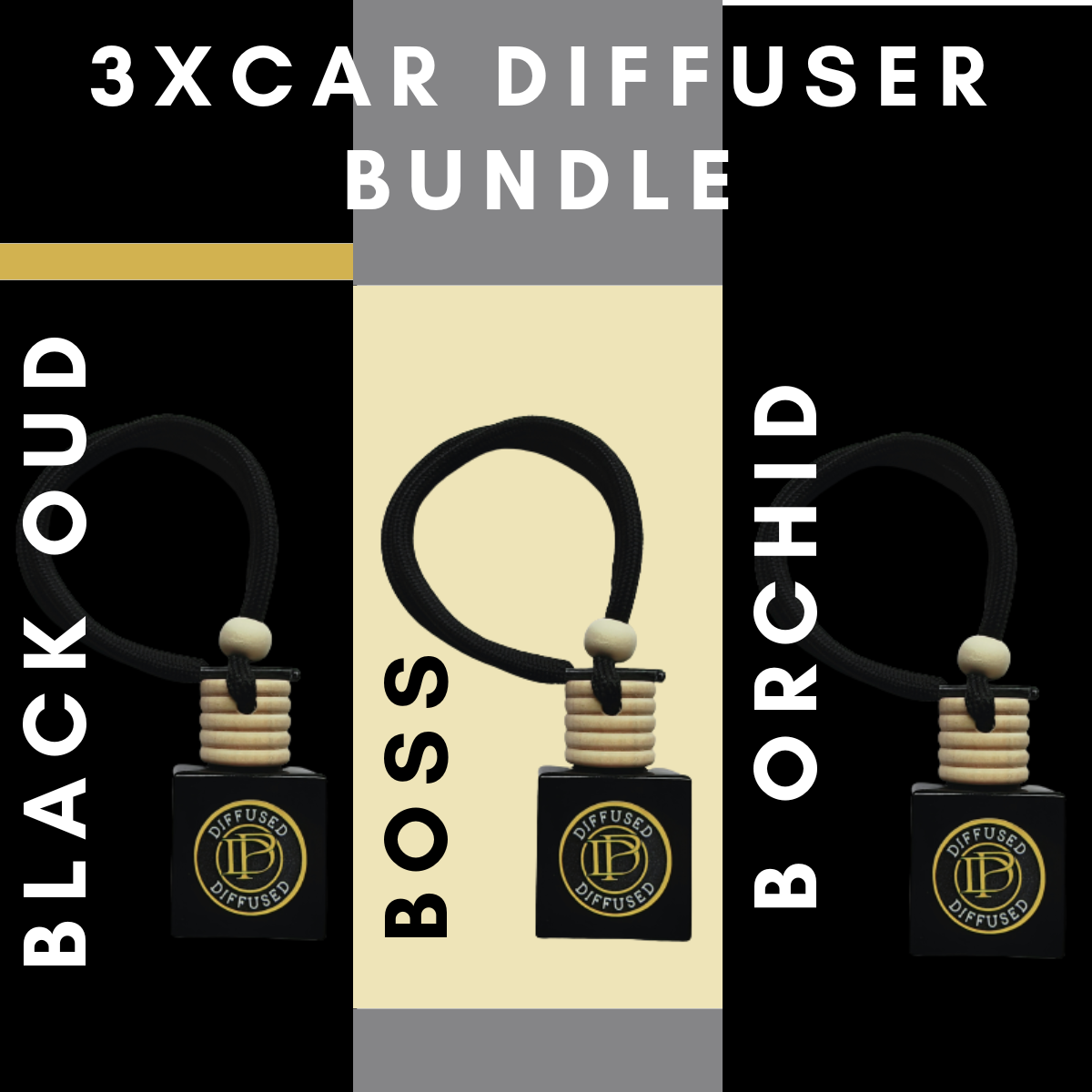 3 x Car Air Freshener Diffusers Inspired By Designer Fragrances Bottled Boss, Black Oud & Black Orchid
